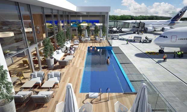 At Punta Cana Airport's VIP lounge, travelers can take a swim before their flight