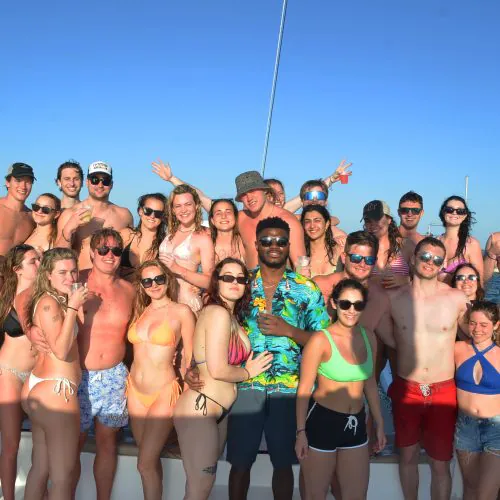3 - Happy guests enjoy Punta Cana views on our private catamaran Delux for large groups tour
