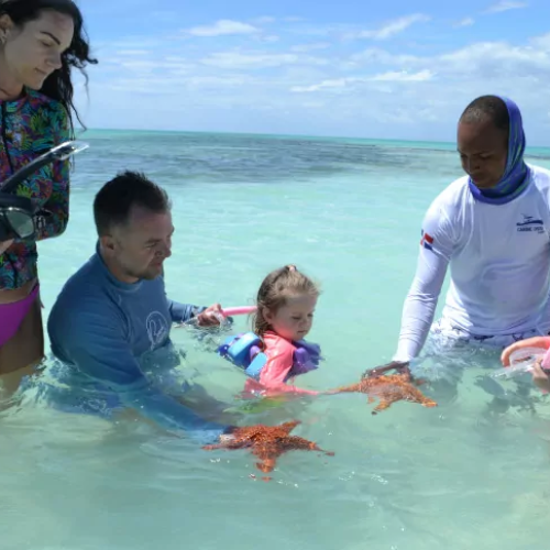 Family sharing a beachside meal with local hosts at Isla Saona and Palmilla in Punta Cana’s tropical paradise