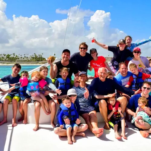 large group enjoying large catamaran crusie punta cana tour